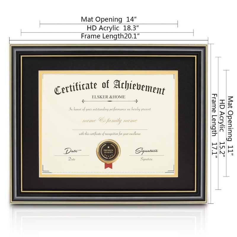 ELSKER&HOME Diploma Frames 11x14 with Mat- Solid Wood - Display 11x14 Document/Certificate with Mat or 15x18 without Mat - Wall Mount Display (Double Mat,Black Mat with Golden Rim) - Image 3
